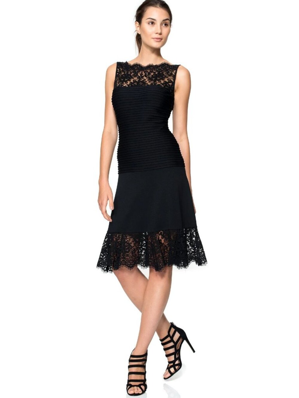 Pintuck Jersey and Lace A-Line Dress 6L1879M-BLACK